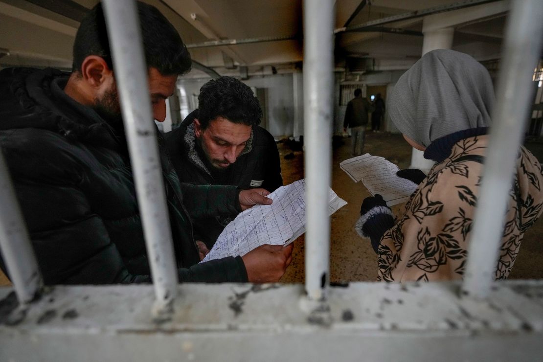 People inspect documents they found in the infamous Saydnaya military prison, just north of Damascus, Syria, on December 9, 2024.